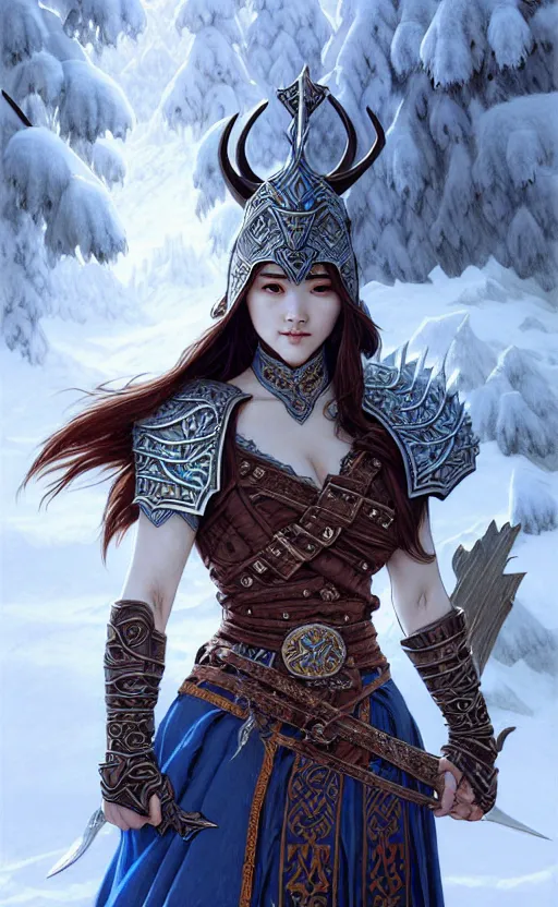 Image similar to azure viking warrior, regal, elegant, winter, snow, beautiful, stunning, hd, illustration, epic, d & d, fantasy, intricate, elegant, highly detailed, wide angle, digital painting, artstation, concept art, smooth, sharp focus, illustration, wallpaper, art by artgerm and greg rutkowski and alphonse mucha and jin xiaodi