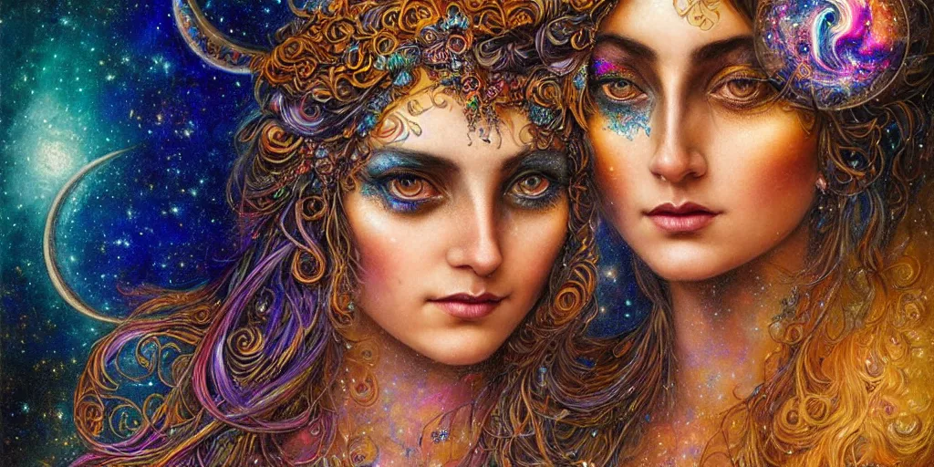 Prompt: full view portrait of an ethereal gypsy woman with detailed eyes, glowing face, floating in space with a half moon, photorealistic, colorful dress, in the style of karol bak and gaston bussiere, holographic undertones, art nouveau galaxy background, intricate, flowing dress, smooth, sharp focus, dramatic lighting, illustration, hdr, artgerm