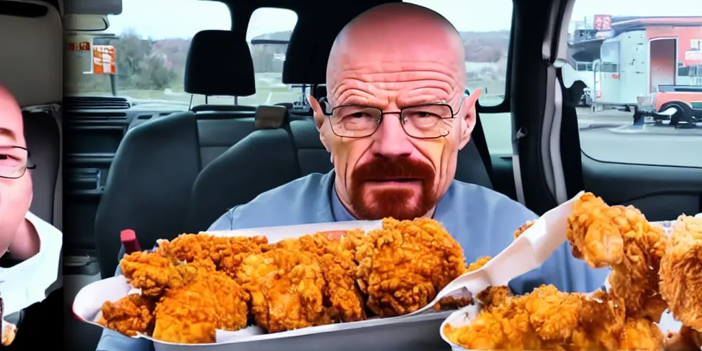 Prompt: walter white mukbang inside car, youtube video screencap, eating fried chicken, greasy face stuffed with chicken, double chin, real, fat, detailed, 4k