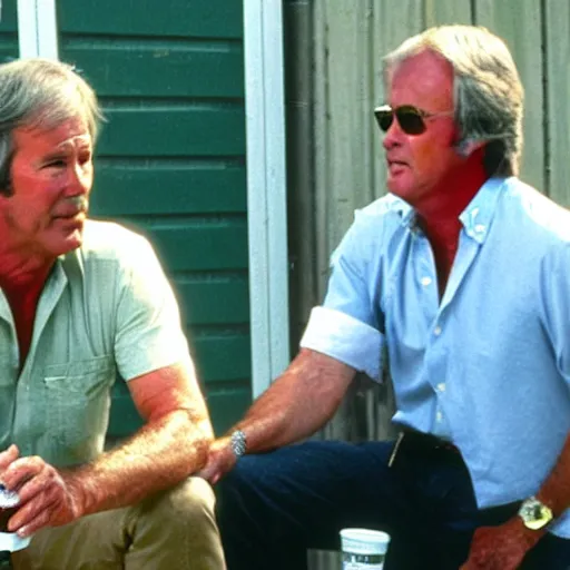 Image similar to kevin tighe with randy mantooth, sitting by a dumpster drinking beer, empty bottles