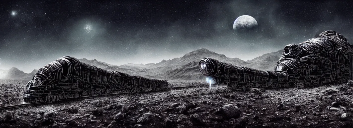 Prompt: long organic alien weird David cronenberg rocket train mountain starry moonlit night sky H.R. Giger, amazing wide landscape digital art 4k