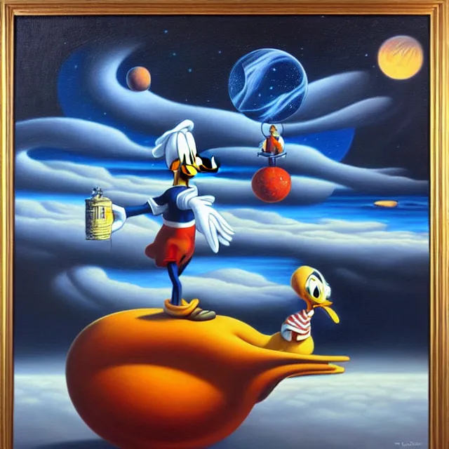 Prompt: an oil on canvas portrait painting of donald duck, surrealism, surrealist, cosmic horror, rob gonsalves, high detail