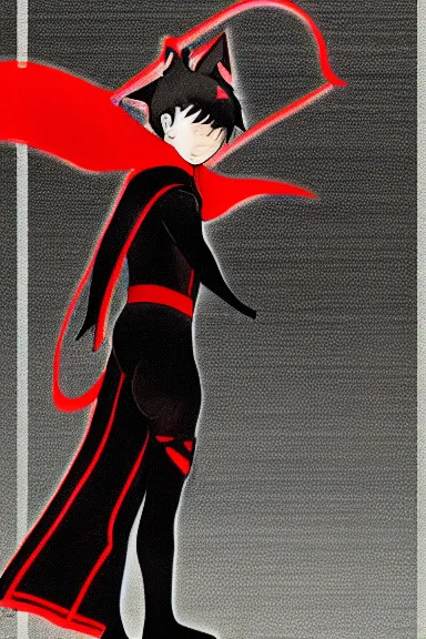 Image similar to little boy with cat ears in an black outfit with red cape. digital artwork made by lois van baarle and kentaro miura, sharpness focus, inspired by hirohiko araki, anatomically correct, heroic composition, hero pose, smooth, night city, hd