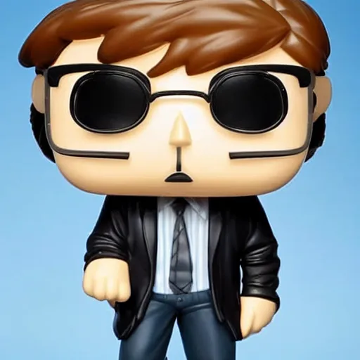 Prompt: a funko pop of german young man with blondish hair, short goatee and round glasses, in a funko pop box that says ultra