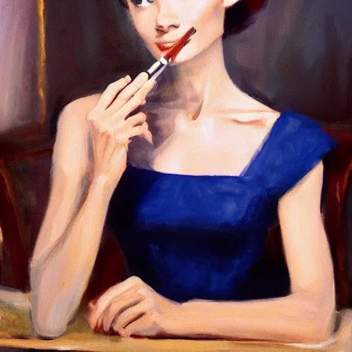 Image similar to closeup portrait of audrey hepburn smoking cigar in the film breakfast at tiffany's ( 1 9 6 1 ), evening, highly detailed, ultrarealistic oil painting, vladimir volegov, artstation