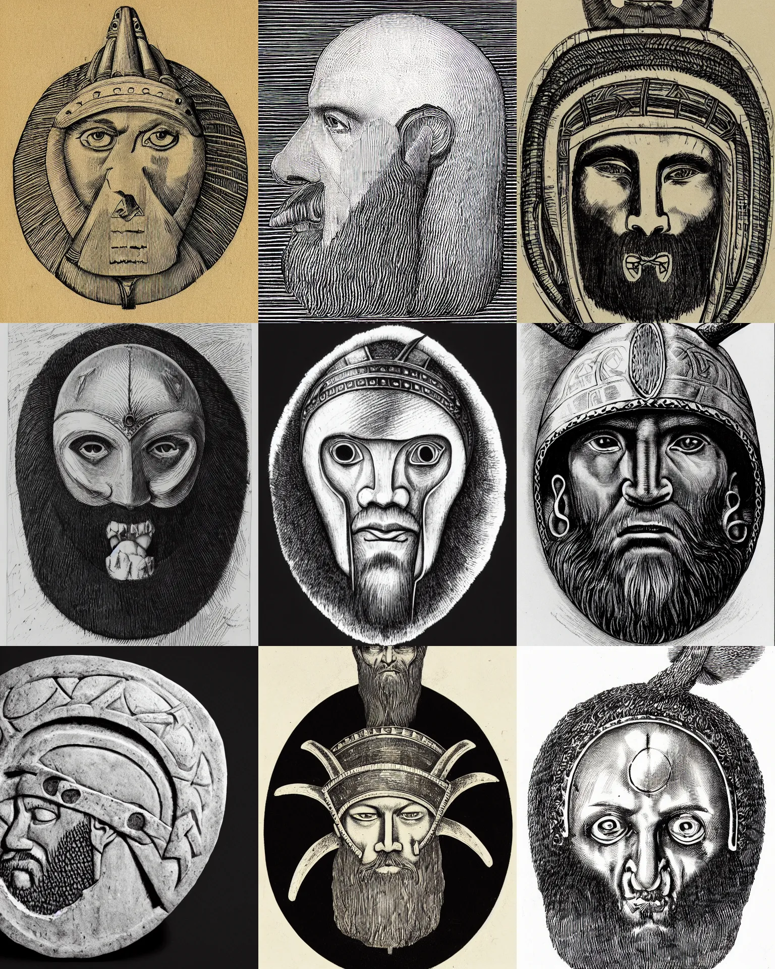 Prompt: detailed circle shape of a head of a beared viking wearing a bone helm, medium shot, front face symmetrical, white background, by alphonso dunn, black ink