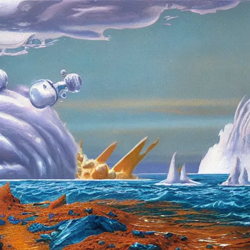 Prompt: vintage poster of a savage wild alien planet, sea, highly detailed, oil painting, - h 7 6 8