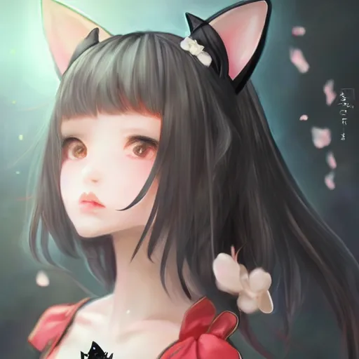 Prompt: realistic beautiful gorgeous natural cute fantasy girl black hair cute black cat ears beautiful eyes in maid dress outfit art drawn full HD 4K highest quality in artstyle by professional artists WLOP, Taejune Kim, JeonSeok Lee, ArtGerm, Ross draws, Zeronis, Chengwei Pan on Artstation