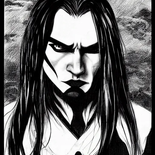 Prompt: vampire male samurai with long hair, character portrait, ink drawing, black and white, concept art by tim bradstreet