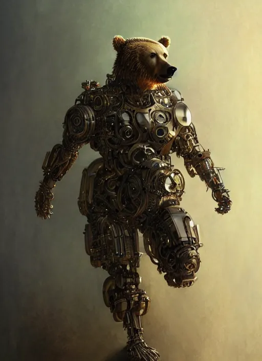 Image similar to organic cyborg bear, full body, diffuse lighting, fantasy, intricate, elegant, highly detailed, lifelike, photorealistic, digital painting, artstation, illustration, concept art, smooth, sharp focus, art by John Collier and Albert Aublet and Krenz Cushart and Artem Demura and Alphonse Mucha