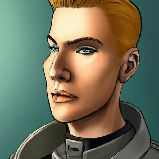 Image similar to heroic stoic emotionless butch blond handsome woman engineer with very short slicked - back butch hair, narrow eyes, wearing atompunk jumpsuit, science fiction, mike mignogna, digital art