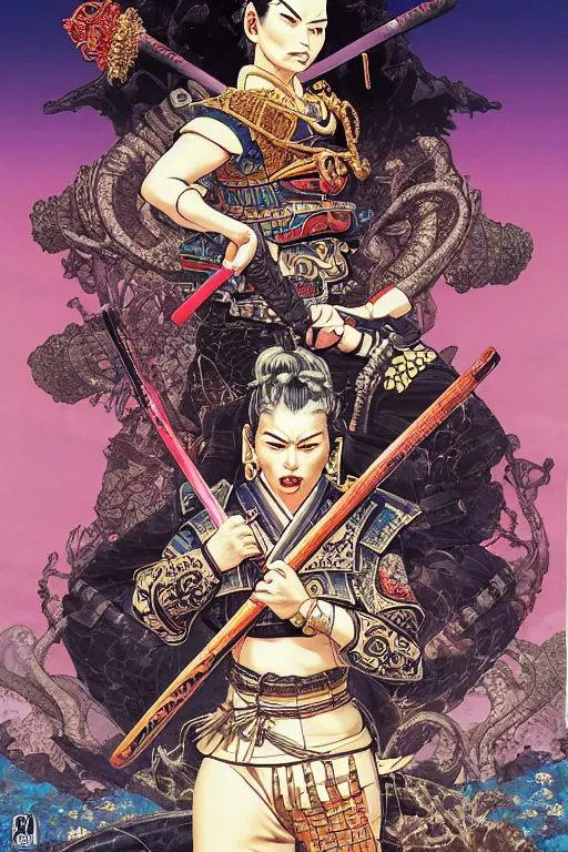 Prompt: poster of sara duterte as a samurai, by yoichi hatakenaka, masamune shirow, josan gonzales and dan mumford, ayami kojima, takato yamamoto, barclay shaw, karol bak, yukito kishiro, highly detailed