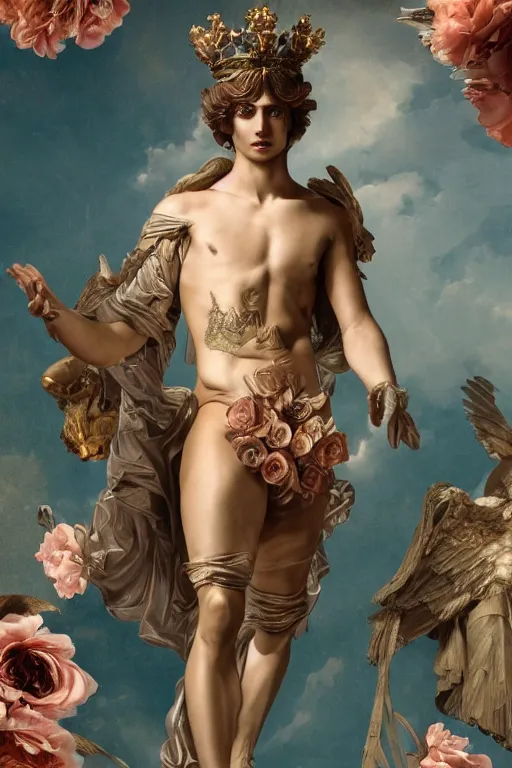 Image similar to a young handsome Spanish prince in a full-body bronze cyberpunk style statue of Icarus posed like a bird, crown of peach roses, flowing teal-colored silk, fabric, flowers. baroque elements, human skull. full-length view. baroque element. intricate artwork by caravaggio. many many birds birds on background. Trending on artstation, octane render, cinematic lighting from the right, hyper realism, octane render, 8k, depth of field, 3D