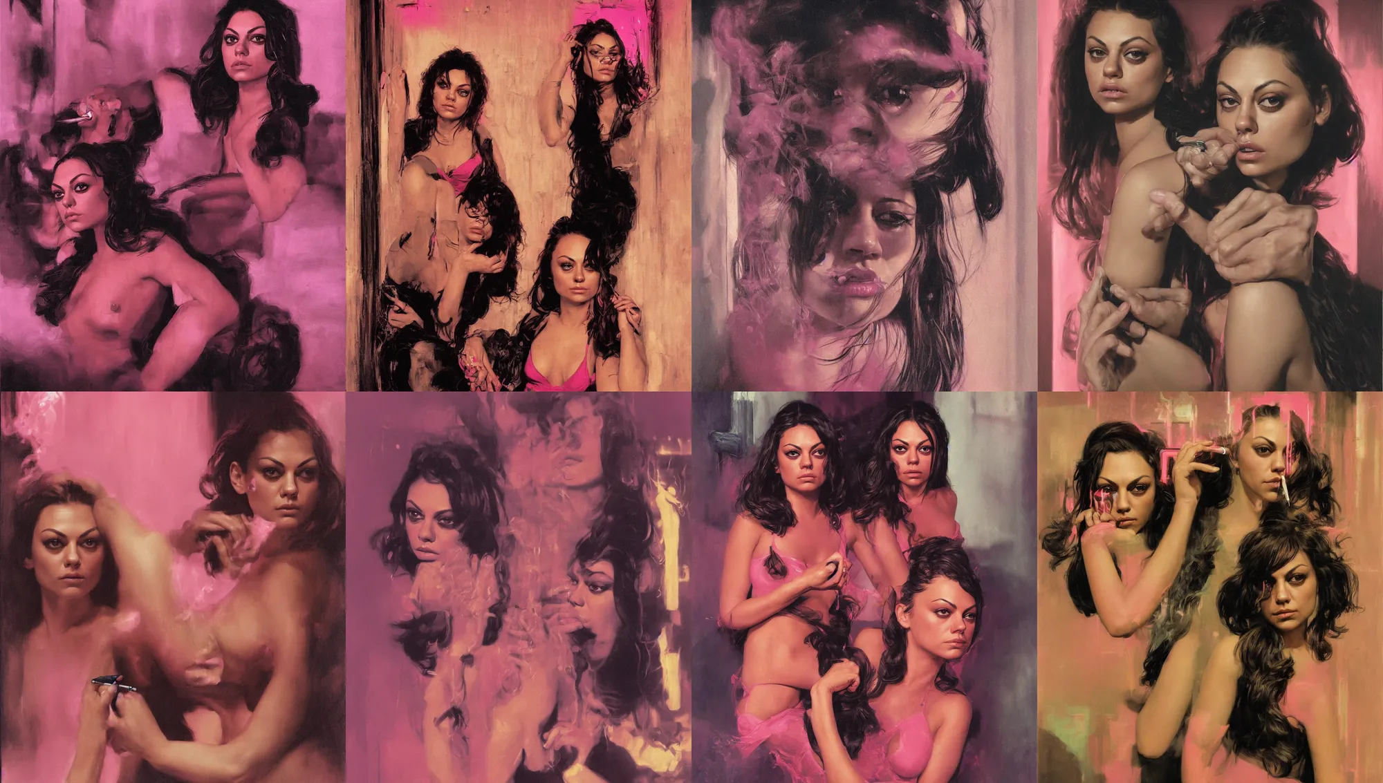 Prompt: close portrait of mila kunis looking into the camera leaning back against a wall smoking a cigarette, pink neon street, 1 9 7 0 s, intricate, moody, personal, highly detailed, short focus depth, donato giancola, joseph christian leyendecker, frank frazetta, alex horley, ralph horsley, michael whelan