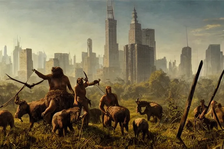 Prompt: epic scene of prehistoric hunter gatherers hunting wooly mammoth with spears in ancient ruins of decayed skyscrapers, statue of liberty, overgrown with vegetation, grass, trees, autumn season, clear and beautiful sunny weather, epic feels, high details, oil painting by greg rutkowski and craig mullins, 8 k