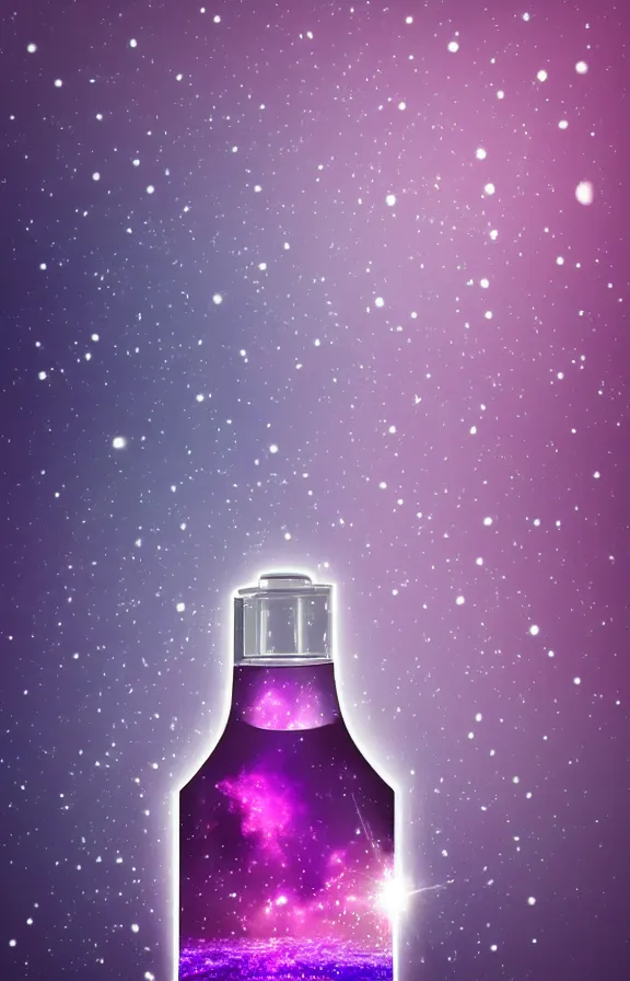 Image similar to purple liquid inside a bottle, universe background, minimalist artwork,