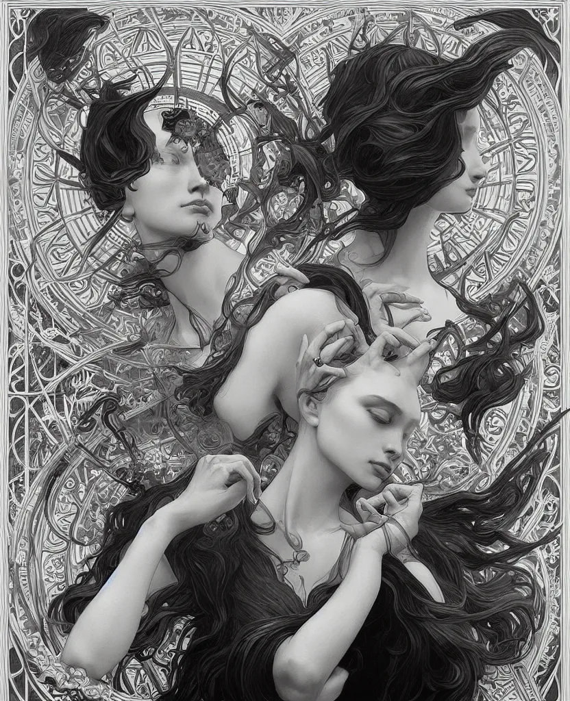 Image similar to black and white illustration of mystical geometrical alchemical symbols, deep focus, intricate, elegant, highly detailed, foggy, misterious, digital painting, artstation, concept art, matte, sharp focus, art by artgerm and greg rutkowski and alphonse mucha