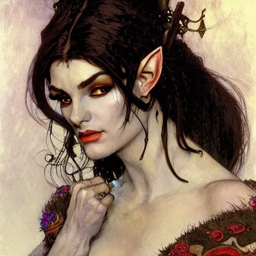 Prompt: head and shoulders portrait of a beautiful female drow elf warlock, royo, klimt, miro, vallejo, frazetta, alphonse mucha, greg rutkowski, whealan