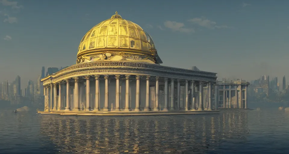 Prompt: Neoclassical building with dome in the middle lake, hyperdetailed, artstation, cgsociety, golden hour 8k