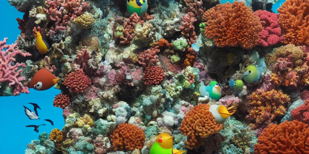 Image similar to detailed photo of corals with birds living in them, renderman