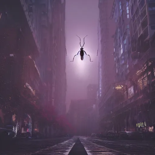 Prompt: a beautiful high - quality photo of a humongous spider walking through a solarpunk city, roads, pavements, trees, cosmic horror, unknowable, volumetric lighting, hyperrealistic, very detailed, 8 k