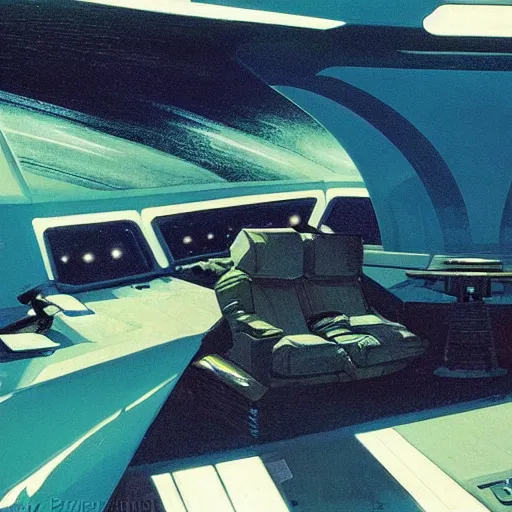 Image similar to Cozy interior of a spaceship, teal lighting, cozy lighting, space seen outside from a window, by Syd Mead, John Harris, Federico Pelat