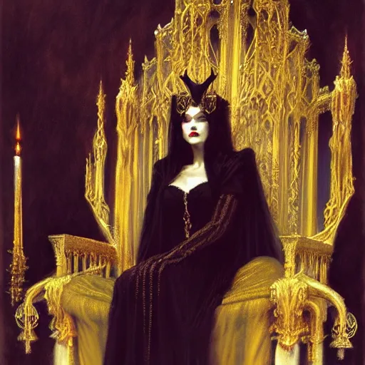 Image similar to perfectly centered portrait of beautiful vampire queen in gold gothic robe sitting on a throne of white bones, painting by gaston bussiere, craig mullins, j. c. leyendecker, 8 k, mid shot