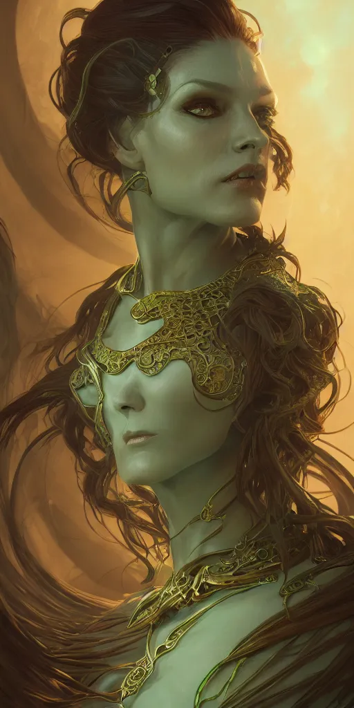 Prompt: sinister mage, snake queen, ancient, sand, emerald, intricate, highly detailed, digital painting, artstation, concept art, smooth, sharp focus, illustration, Unreal Engine 5, 8K, art by artgerm and greg rutkowski and alphonse mucha