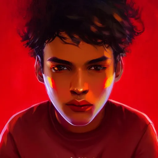 Image similar to colorful and festive captivating teenager with straight brown hair covering his eye, dark skin, big lips, big eyes, wearing a red t - shirt. rich vivid colors, ambient lighting, dynamic lighting, 4 k, atmospheric lighting, painted, intricate, highly detailed by charlie bowater