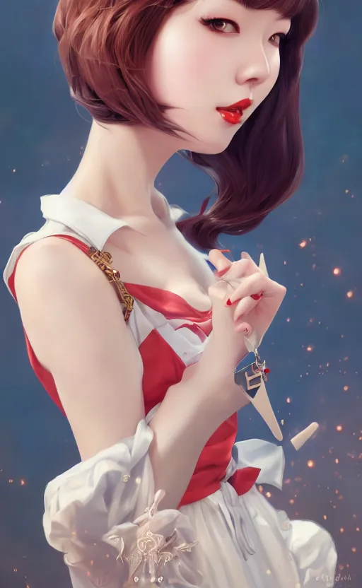 Image similar to a pin up and beautiful fashion charming dreamlke korea girl with lv jewelry, character art, art by artgerm lau and kyoung hwan kim and and ilya kuvshinov and john singer sargent, hyperdetailed, 8 k realistic, symmetrical, frostbite 3 engine, cryengine, dof, trending on artstation, digital art