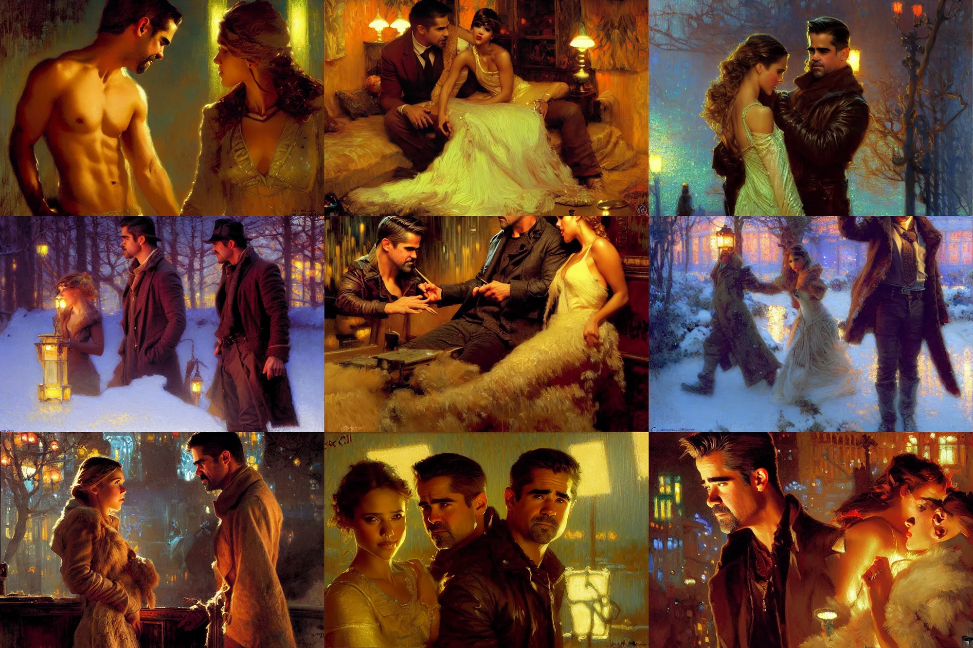 Prompt: winter, colin farrell with jessica alba girl, neon light, painting by gaston bussiere, craig mullins, j. c. leyendecker