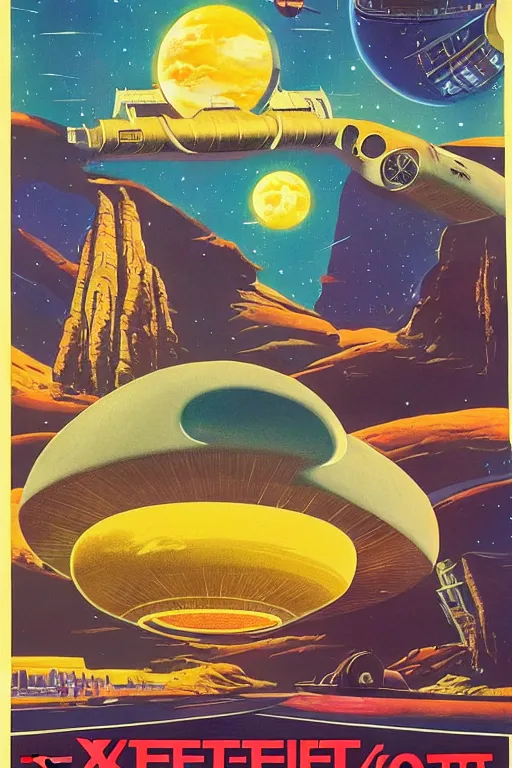 Image similar to 7 0 s travel poster for an extraterrestrial system destination, chris moore