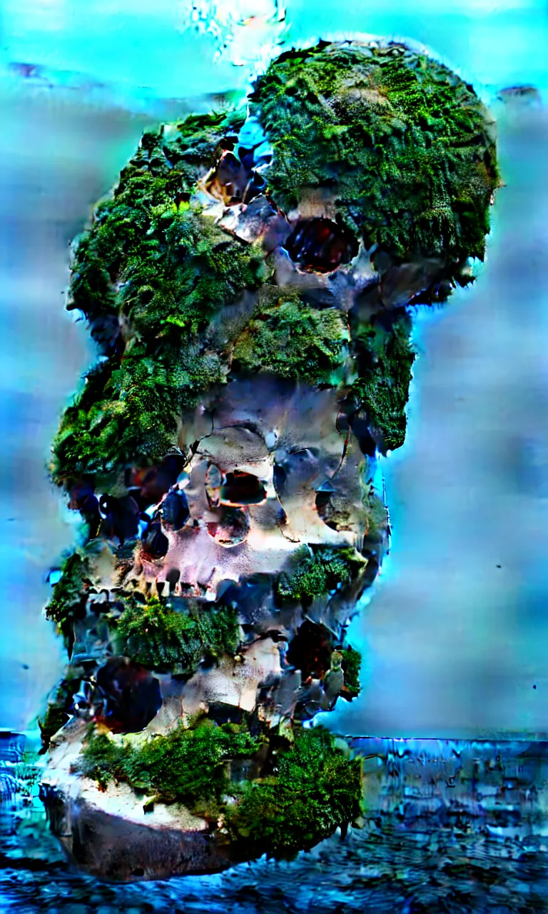 Image similar to an island on top of huge human skull floating on the sea, 9 0 % of the skull is vertically submerged in the water, 8 k, octane render, unreal engine 5, photorealistic