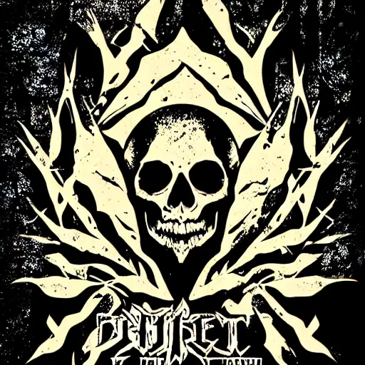 Image similar to dark death metal themed vector illustration for a record label, trees. forest, spikes, skull, microphone, skull, award winning, grunge, iconic, golden ratio