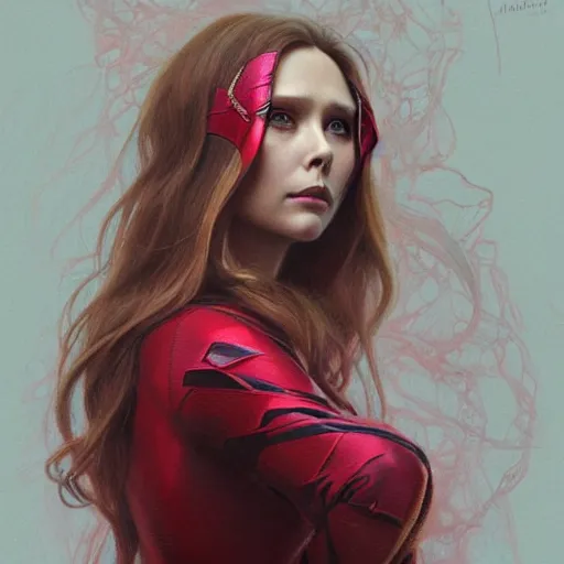 Image similar to ultra realistic illustration, elizabeth olsen as scarlet witch, intricate, elegant, highly detailed, digital painting, artstation, concept art, smooth, sharp focus, illustration, art by artgerm and greg rutkowski and alphonse mucha