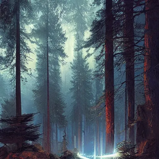 Image similar to mysterious perpetual energy facility, glowing, woods and wilderness, Ivan Shishkin and Greg Rutkowski