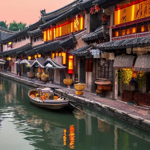 Image similar to beautiful and peaceful ancient water town in the south of china, zhouzhuang ancient town, movie style, warm color to move, boats, evening lanterns, the glow of the sunset on the water, high detailed