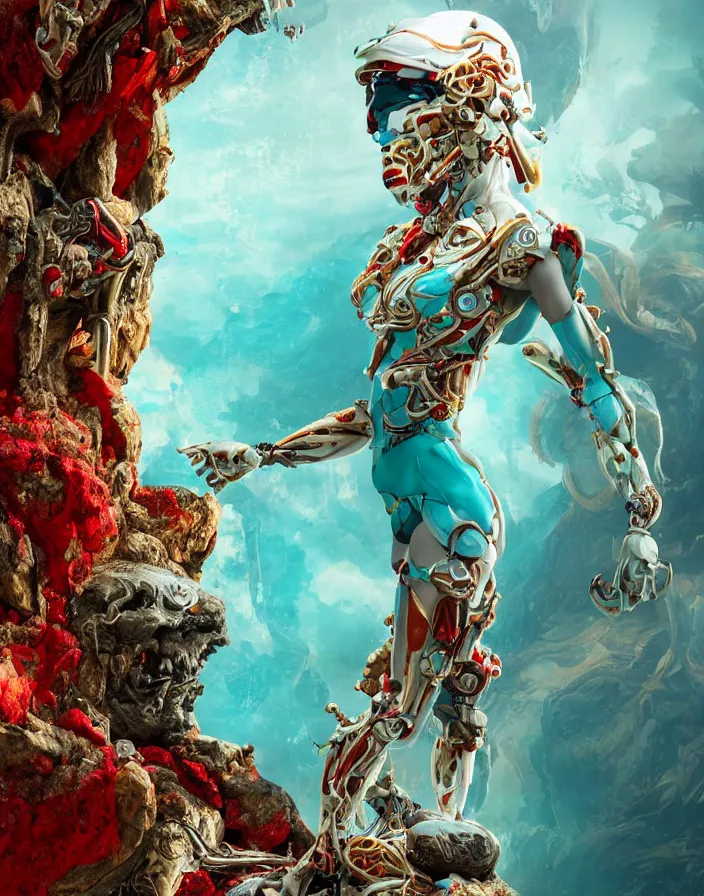 Prompt: positing on rock Spawn like biomechanical asian goddess, full lenght view. woman wearing a helmet. white plastic, human skull, swollen muscles, tumors, veins, baroque elements. halo. octane rendering, cinematic, hyperrealism, octane rendering, 8k, depth of field, bokeh. iridescent accents. vibrant. teal gold and red color scheme