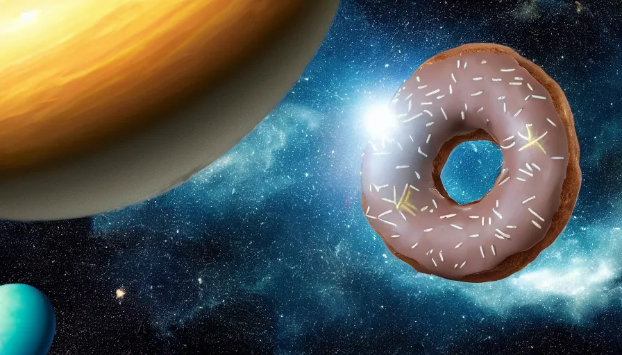 Prompt: A planet in the shape of a donut with terrain, clouds and an ocean in the middle of space and stars, ultra highly detailed,