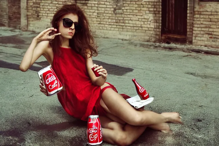 Prompt: beautiful summer fashion model woman drinking a Coca-Cola by Alessio albi