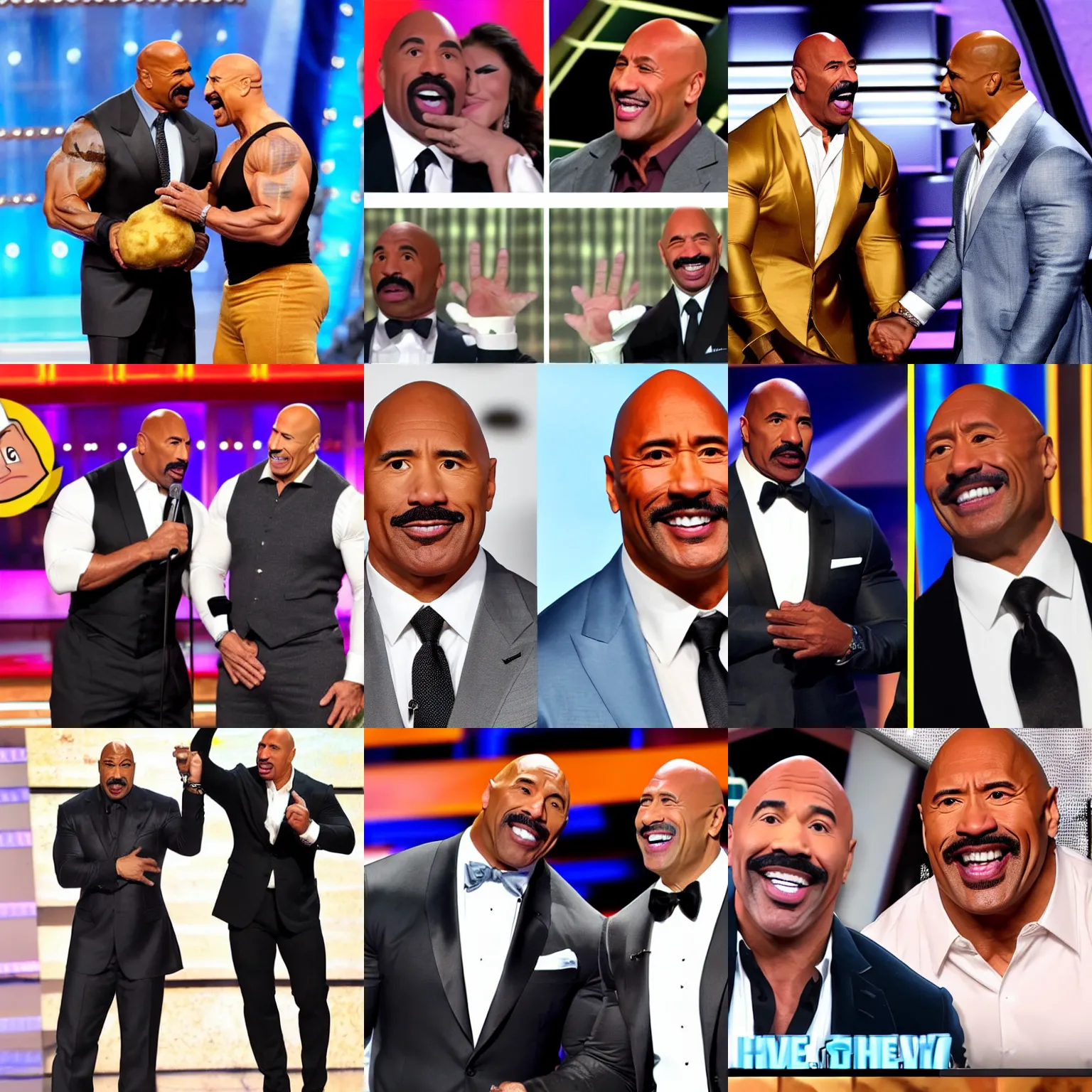 Image similar to Steve Harvey and Dwayne the Rock Johnson crying over a burnt potato