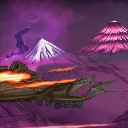 Prompt: a purple dragon fighting a retro spaceship with a volcano in the background, concept art