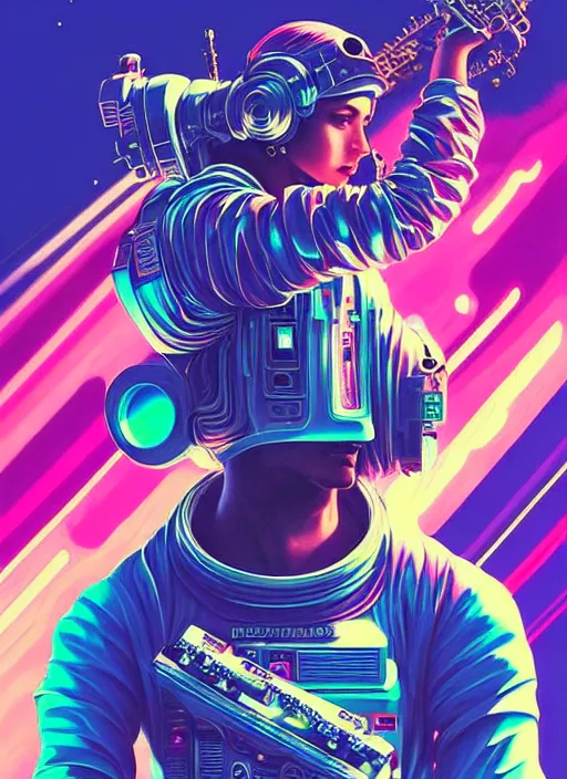 Image similar to hyper detailed ultra sharp painting of a vaporwave cyberpunk astronaut guitar musician. trending on artstation, warpaint aesthetic, earthwave, colorful, psychedelic, ornate, intricate, digital painting, concept art, smooth, sharp focus, full body, floating in space in front of saturn illustration, art by artgerm and darius zawadzki and alphonse mucha, 8 k