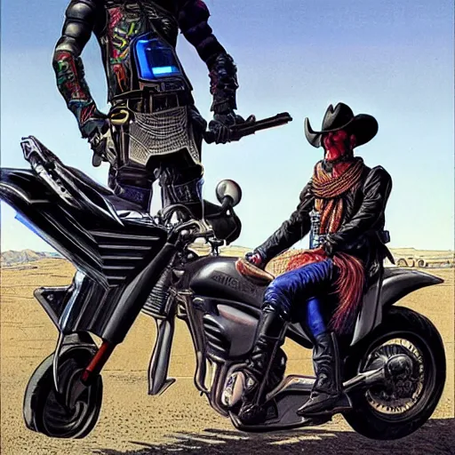 Prompt: a cyberpunk cowboy fully decked out in his cowboy hat, holsters, boots and spurs, sitting on a high tech motorbike in a scenic environment by wayne barlowe