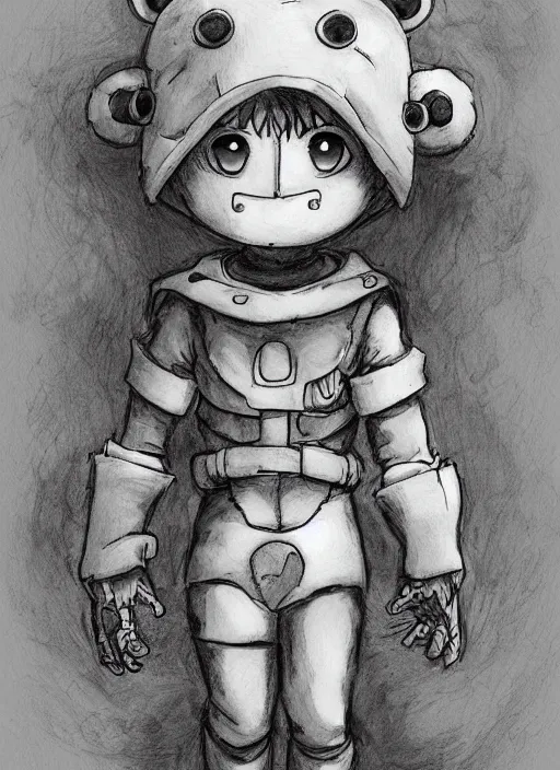 Image similar to beautiful little boy wearing an cyborg bear suit, artwork in kentaro miura and made in abyss and rosdraws, smooth, beautiful lightness, anatomically correct, trending on pixiv, forest