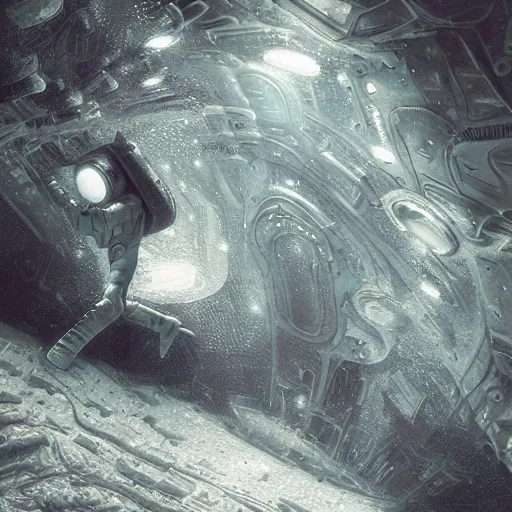 Prompt: concept art by craig mullins diver astronaut in underwater futuristic dark and empty spaceship. infrared complex and hyperdetailed technical suit design. mandelbulb fractal. reflection and dispersion materials rays and dispersion of light breaking through the deep water. 5 0 mm, f / 3 2. noise film photo. flash photography. trend artstation