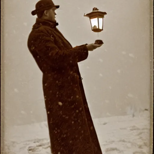 Image similar to a man holds a lantern, snowstorm, cold, vintage photo