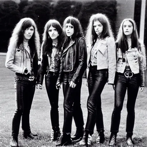 Image similar to group of 1 9 - year - old girls wearing black leather jackets and denim jeans, long wavy hair, proto - metal band promo, band promo, hard rock band, 1 9 7 0 photograph
