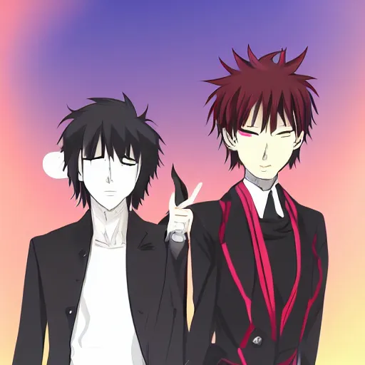 Prompt: two young men, one man human, one man vampire, anime style