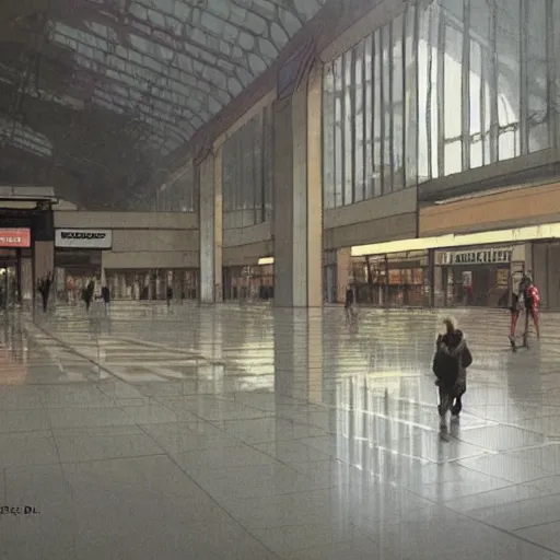 Image similar to concept art of an empty mall from the 1 9 8 0 s, by greg rutkowski